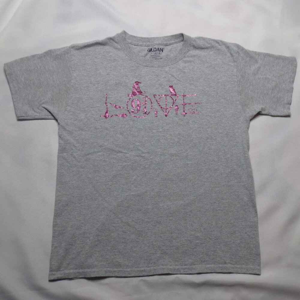 4/$14 HARRY POTTER girls GILDAN gray PINK GLITTER t-shirt 9 3/4 LOVE tee SIZE L